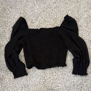H&M Black Smocked Puff-Sleeve Crop Top